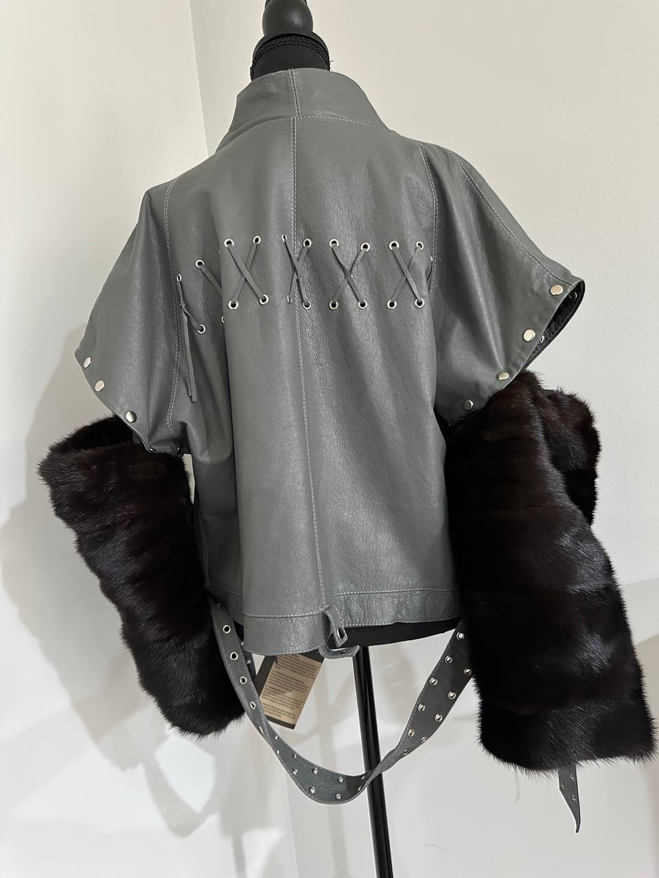 GENUINE REAL Mink Fur gray Sheep Leather Biker Jacket Women SIZE M 1109941