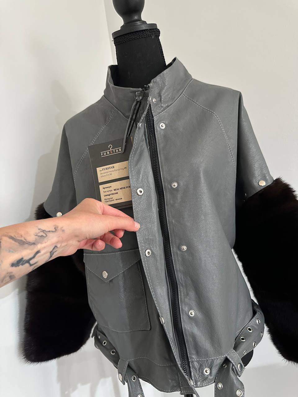 GENUINE REAL Mink Fur gray Sheep Leather Biker Jacket Women SIZE M 1109941