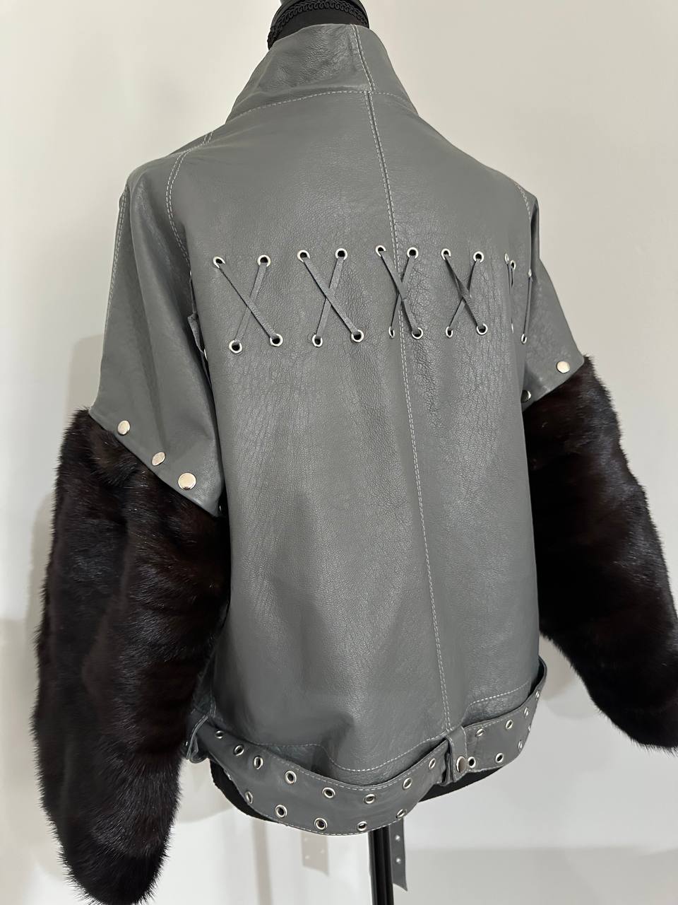 GENUINE REAL Mink Fur gray Sheep Leather Biker Jacket Women SIZE M 1109941
