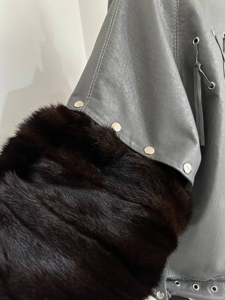 GENUINE REAL Mink Fur gray Sheep Leather Biker Jacket Women SIZE M 1109941