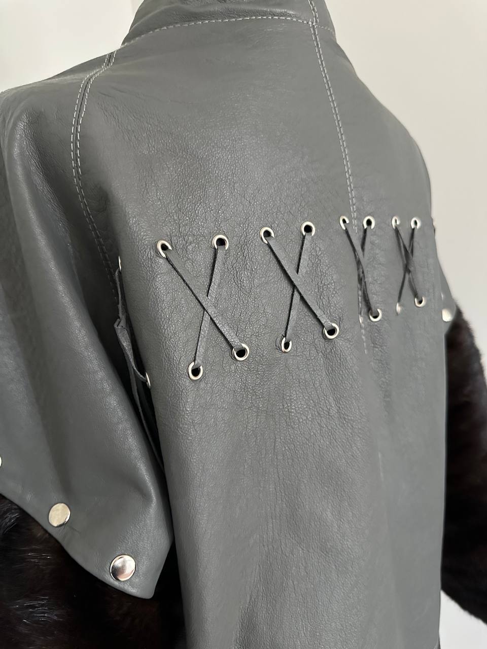 GENUINE REAL Mink Fur gray Sheep Leather Biker Jacket Women SIZE M 1109941