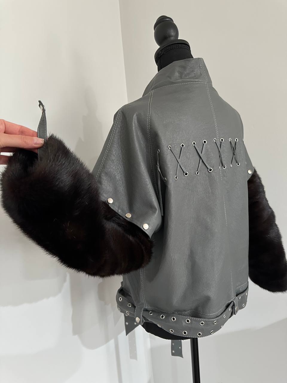 GENUINE REAL Mink Fur gray Sheep Leather Biker Jacket Women SIZE M 1109941