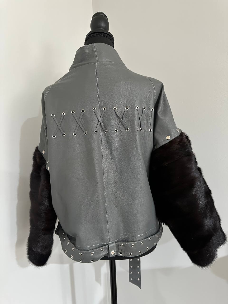 GENUINE REAL Mink Fur gray Sheep Leather Biker Jacket Women SIZE M 1109941