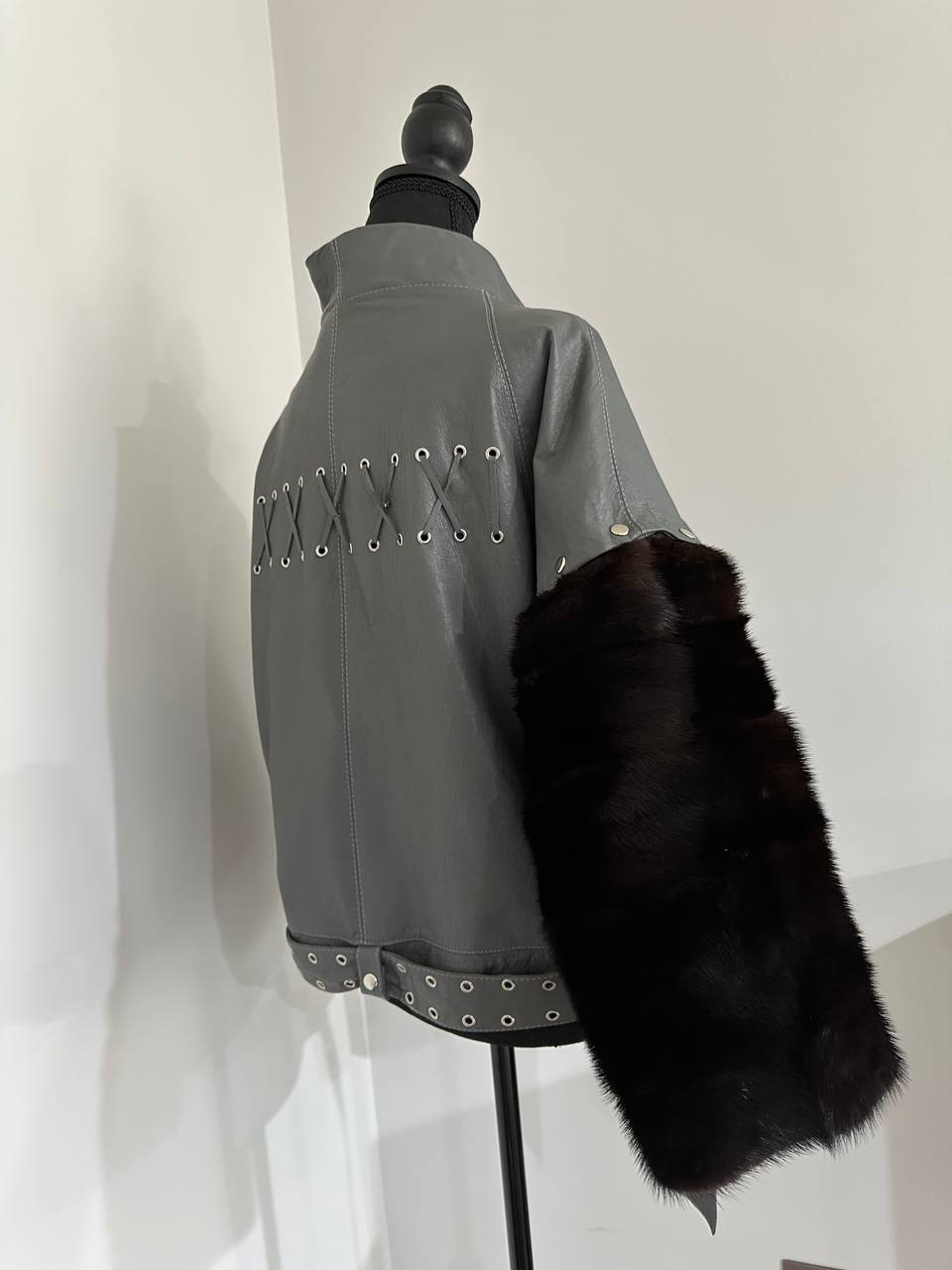 GENUINE REAL Mink Fur gray Sheep Leather Biker Jacket Women SIZE M 1109941