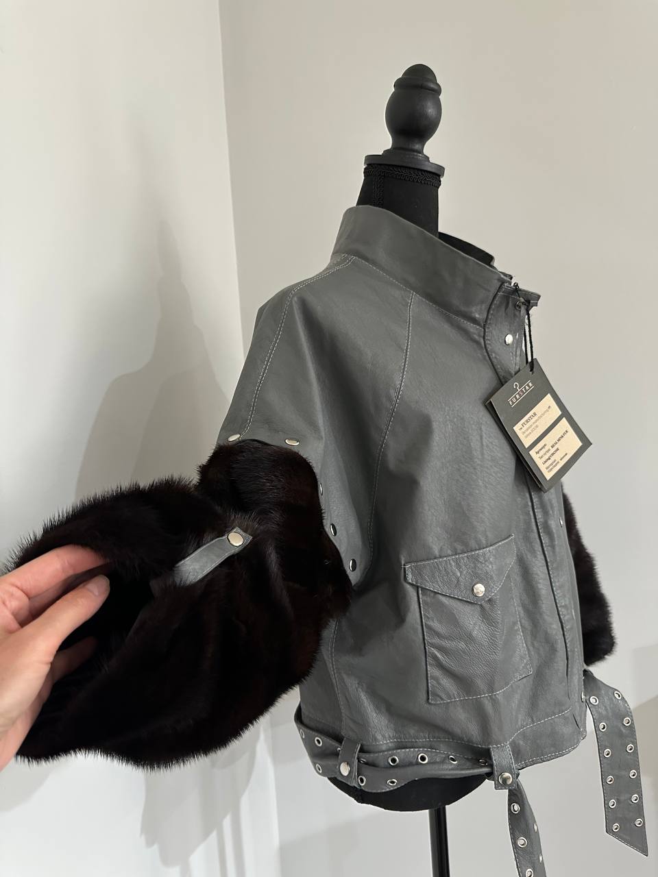 GENUINE REAL Mink Fur gray Sheep Leather Biker Jacket Women SIZE M 1109941
