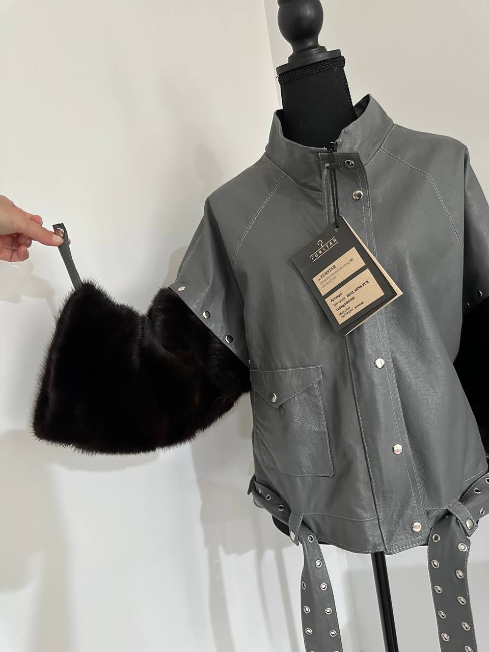 GENUINE REAL Mink Fur gray Sheep Leather Biker Jacket Women SIZE M 1109941