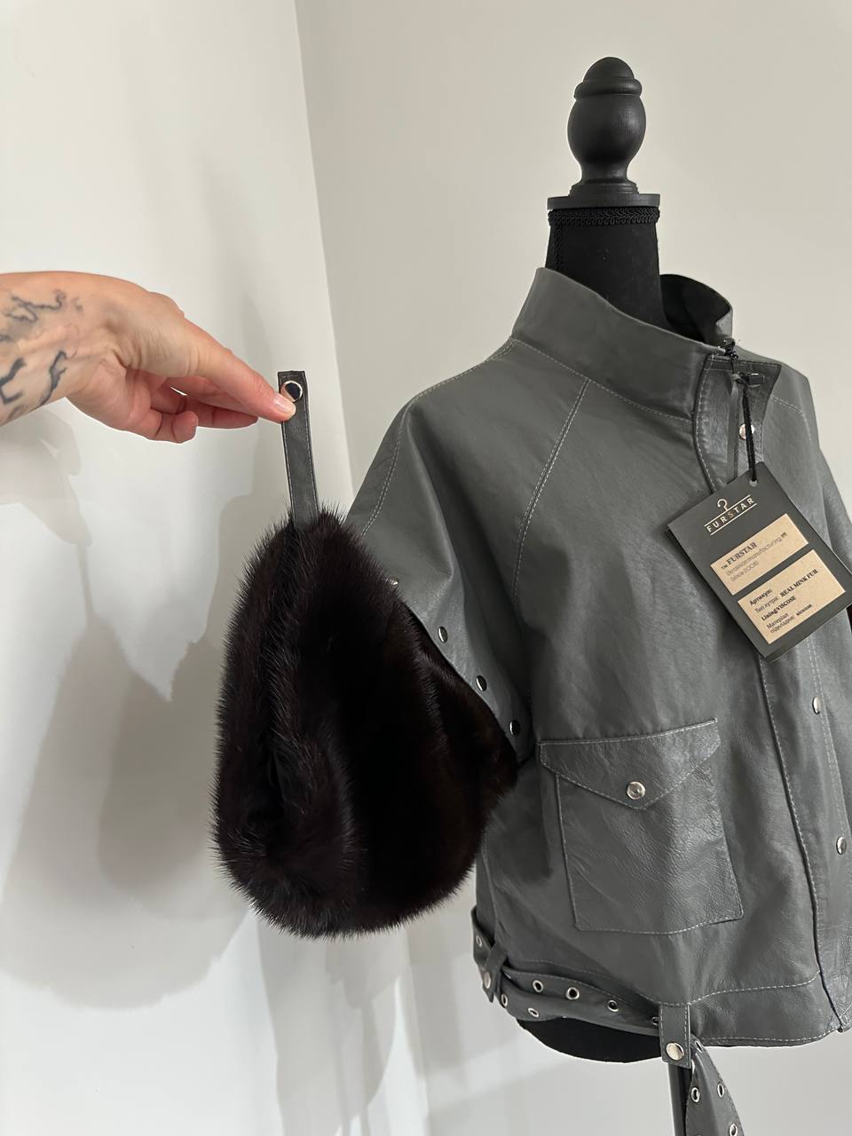 GENUINE REAL Mink Fur gray Sheep Leather Biker Jacket Women SIZE M 1109941