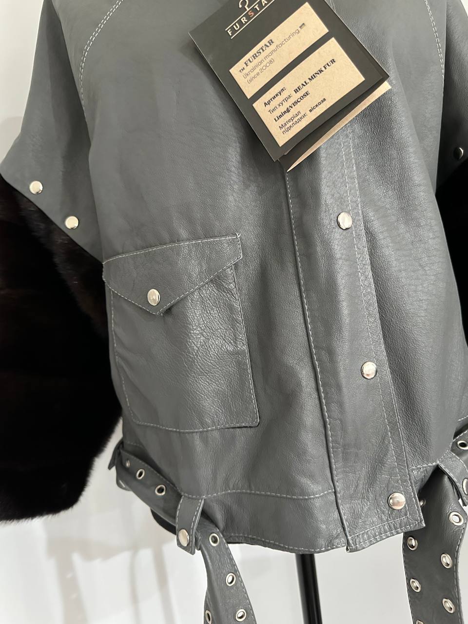 GENUINE REAL Mink Fur gray Sheep Leather Biker Jacket Women SIZE M 1109941