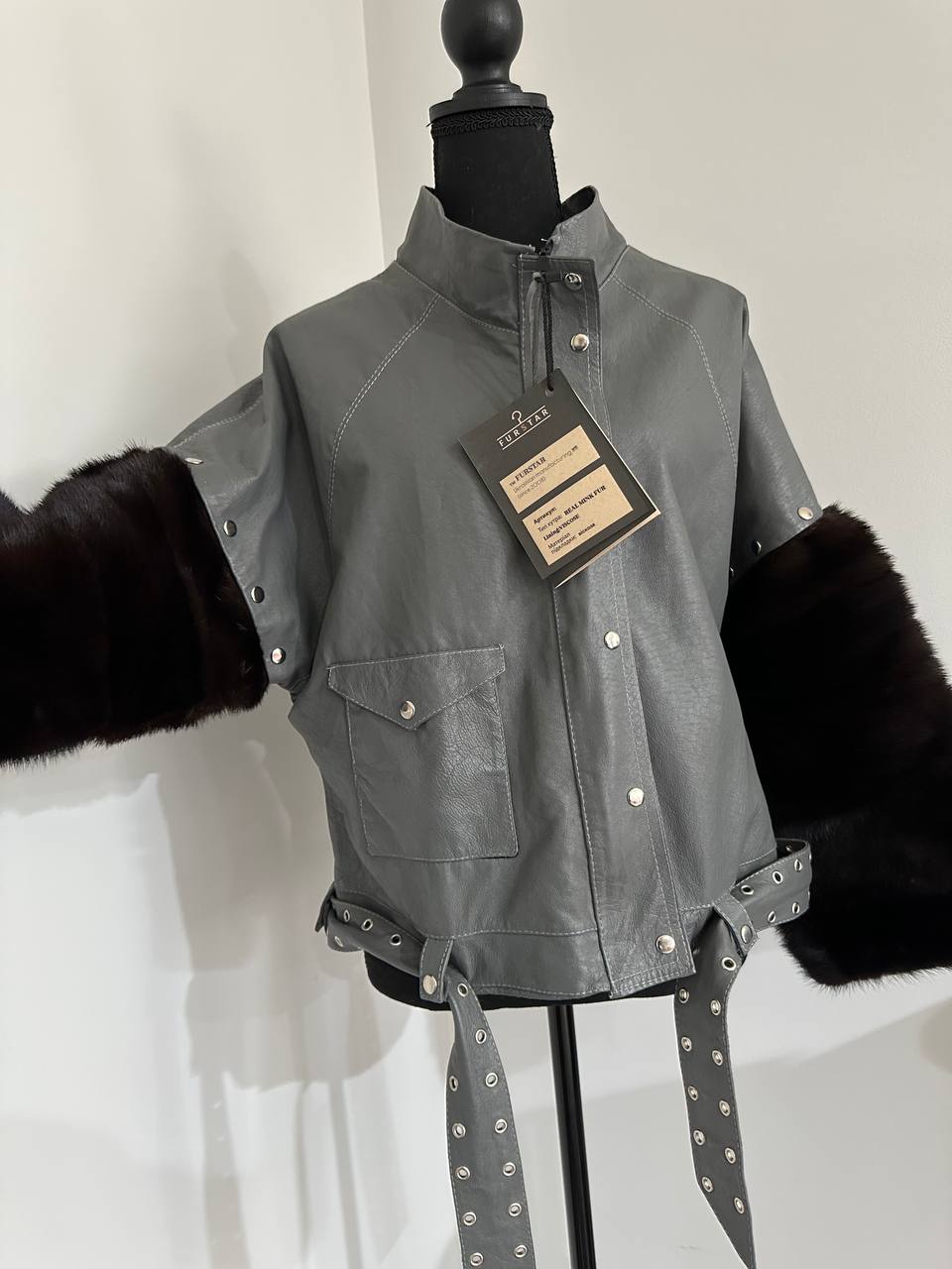 GENUINE REAL Mink Fur gray Sheep Leather Biker Jacket Women SIZE M 1109941