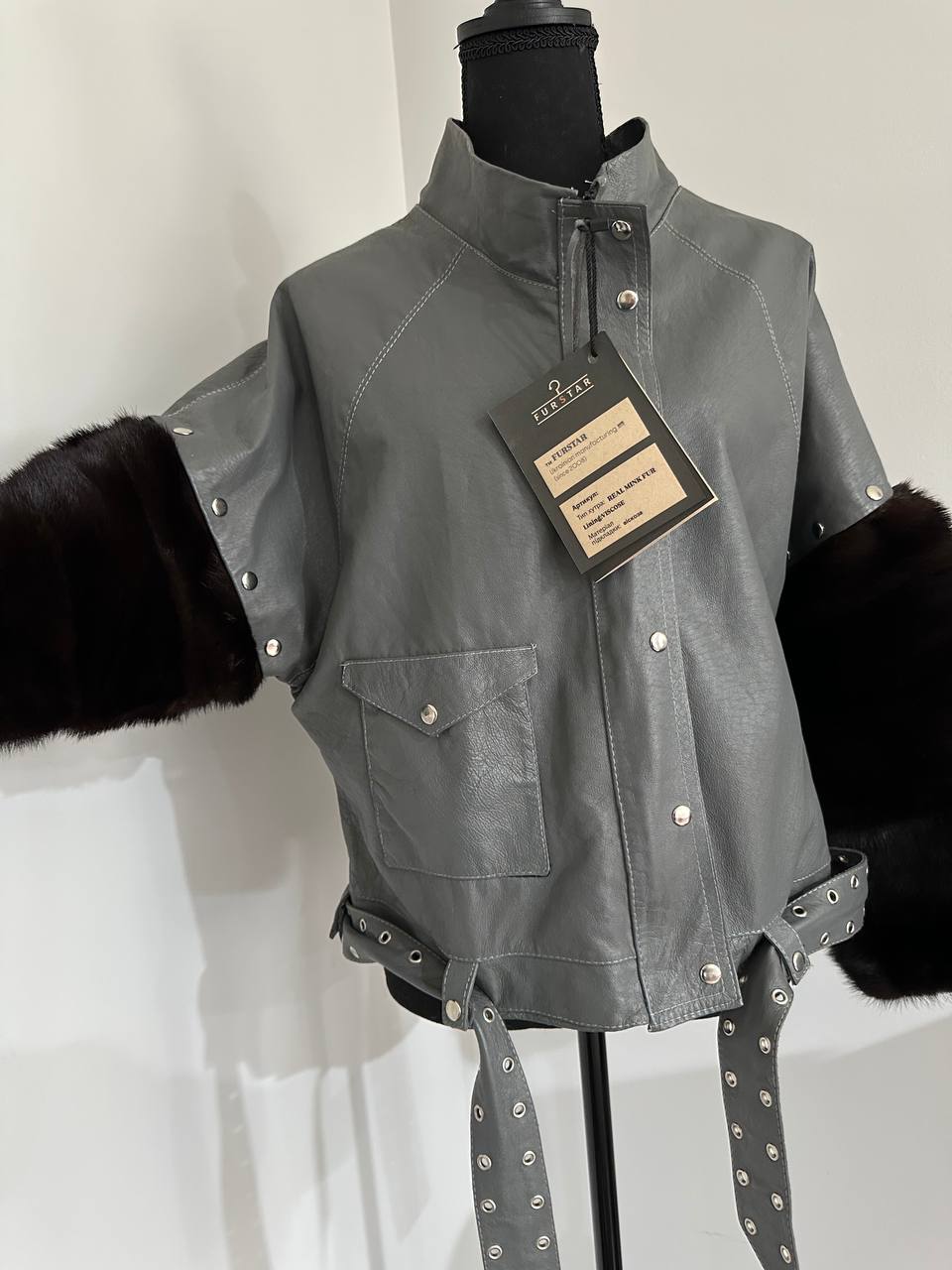 GENUINE REAL Mink Fur gray Sheep Leather Biker Jacket Women SIZE M 1109941