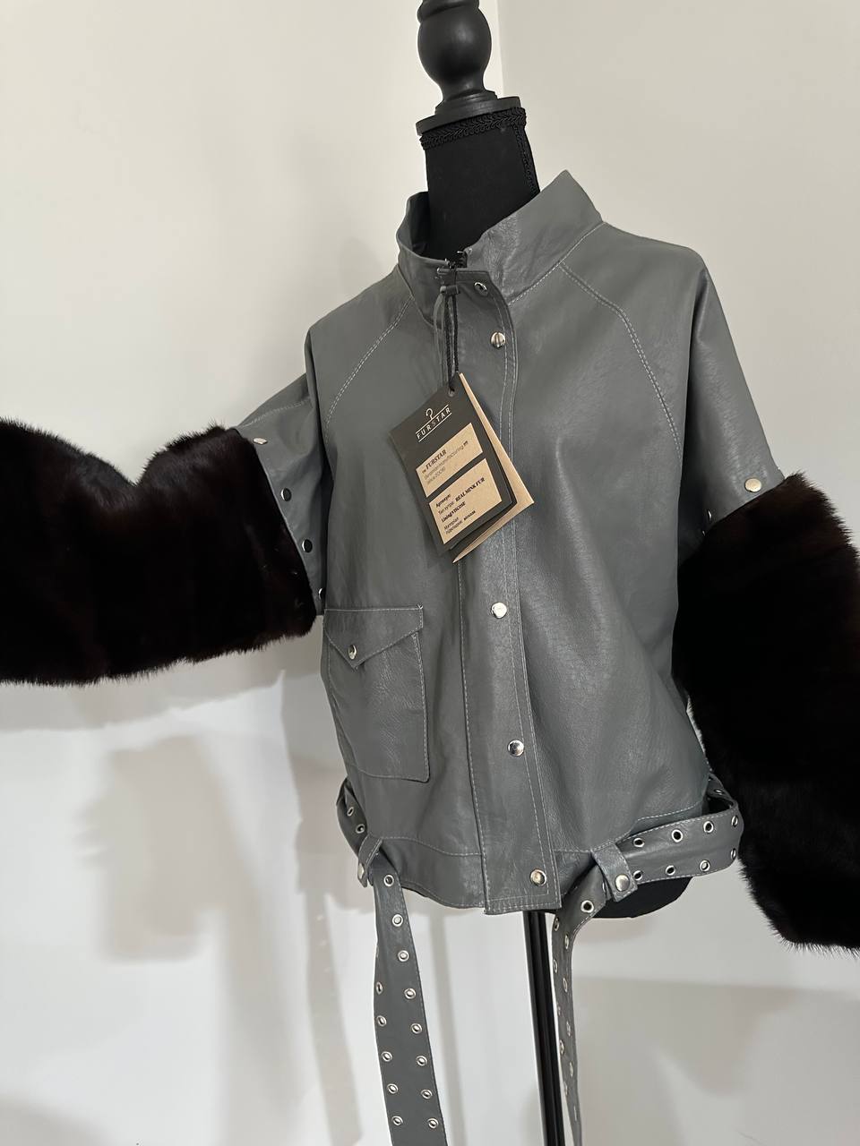 GENUINE REAL Mink Fur gray Sheep Leather Biker Jacket Women SIZE M 1109941