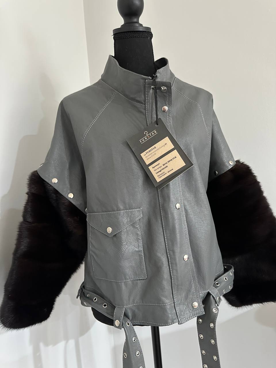 GENUINE REAL Mink Fur gray Sheep Leather Biker Jacket Women SIZE M 1109941