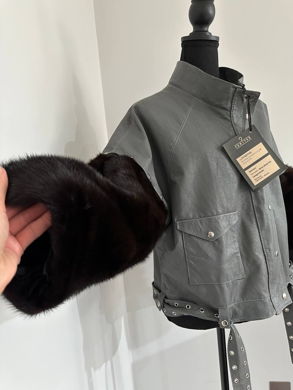GENUINE REAL Mink Fur gray Sheep Leather Biker Jacket Women SIZE M 1109941