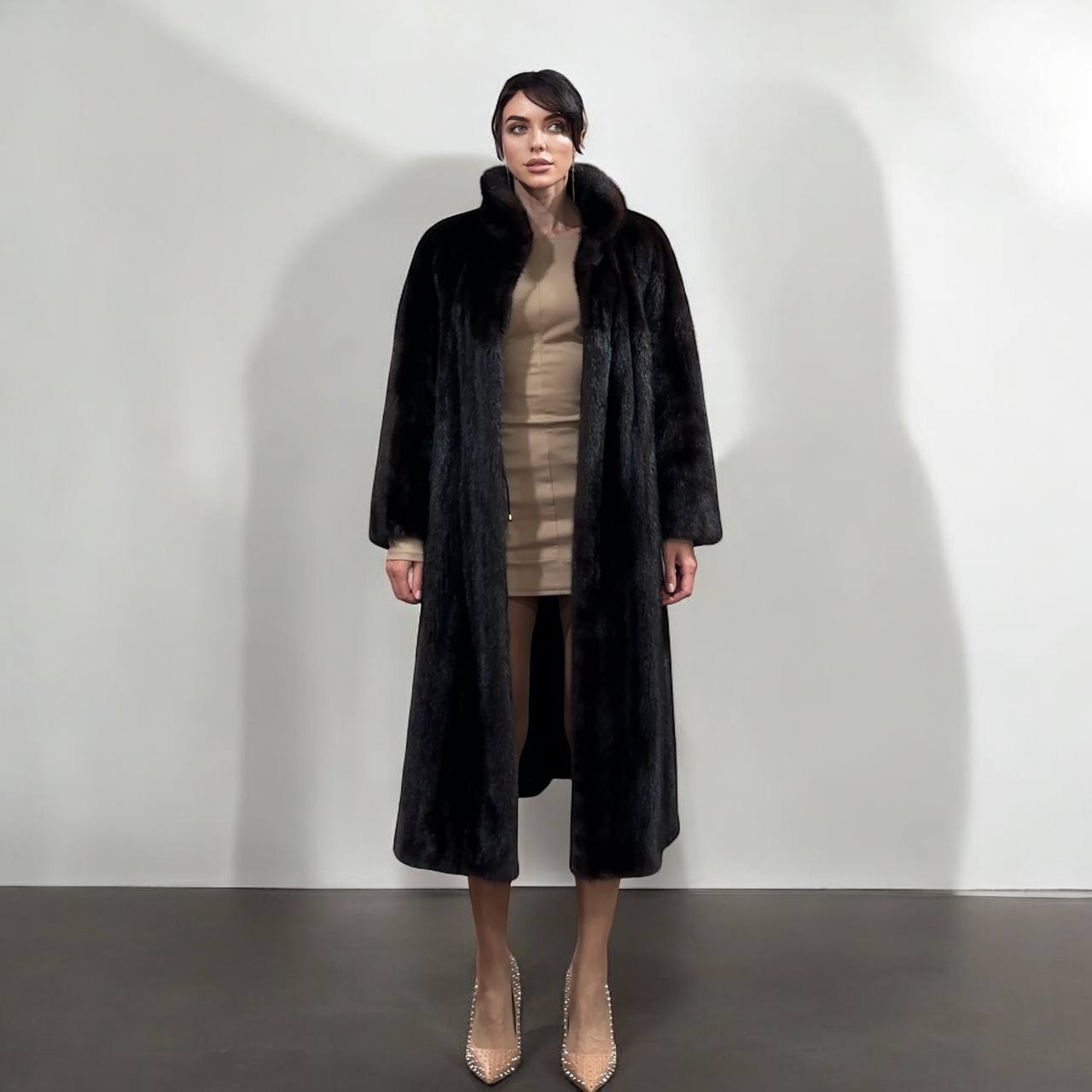 Women Real Mink Fur coat long dark brown color size 2XL NEW 1109961 FURSTAR
