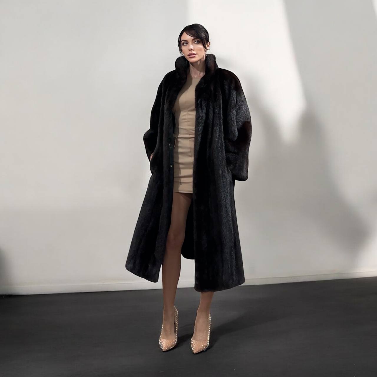 Women Real Mink Fur coat long dark brown color size 2XL NEW 1109961 FURSTAR