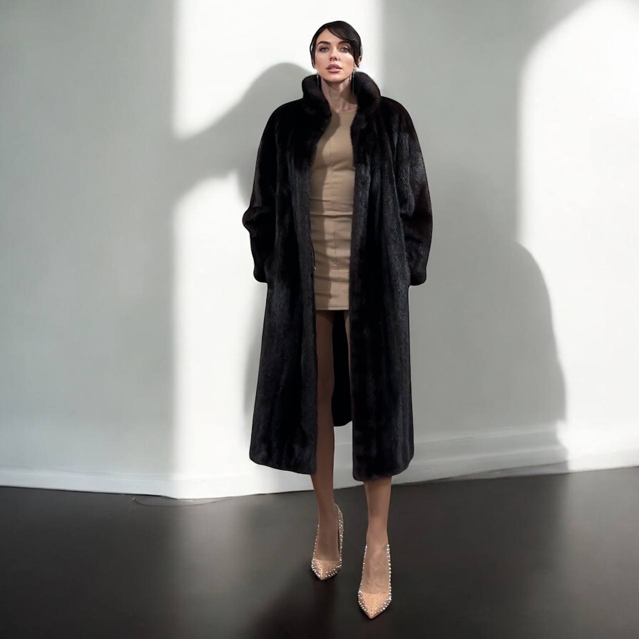Women Real Mink Fur coat long dark brown color size 2XL NEW 1109961 FURSTAR