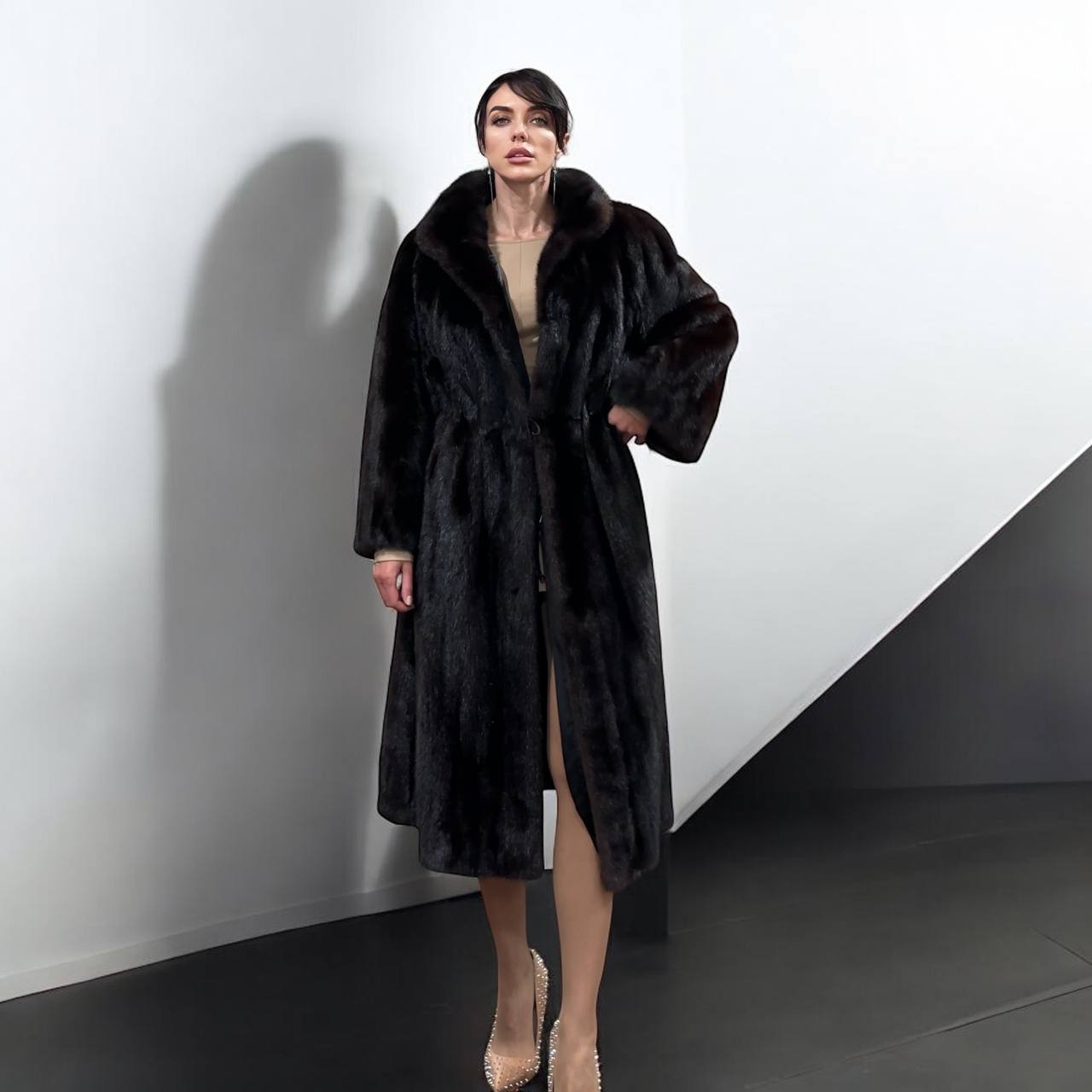 Women Real Mink Fur coat long dark brown color size 2XL NEW 1109961 FURSTAR