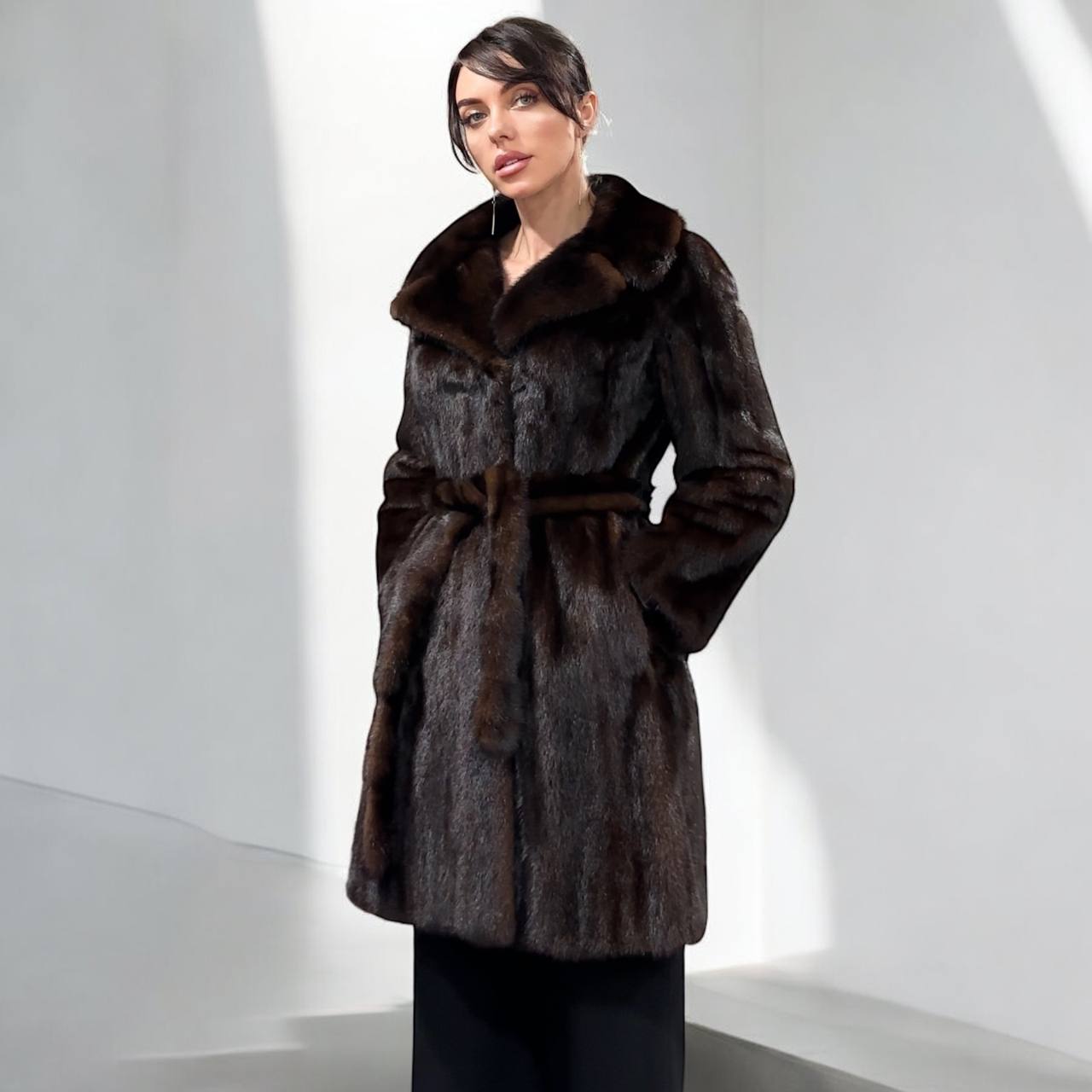 Women Real GENUINE Mink Fur coat belted brown chocolate size S NEW 1109935 FURSTAR