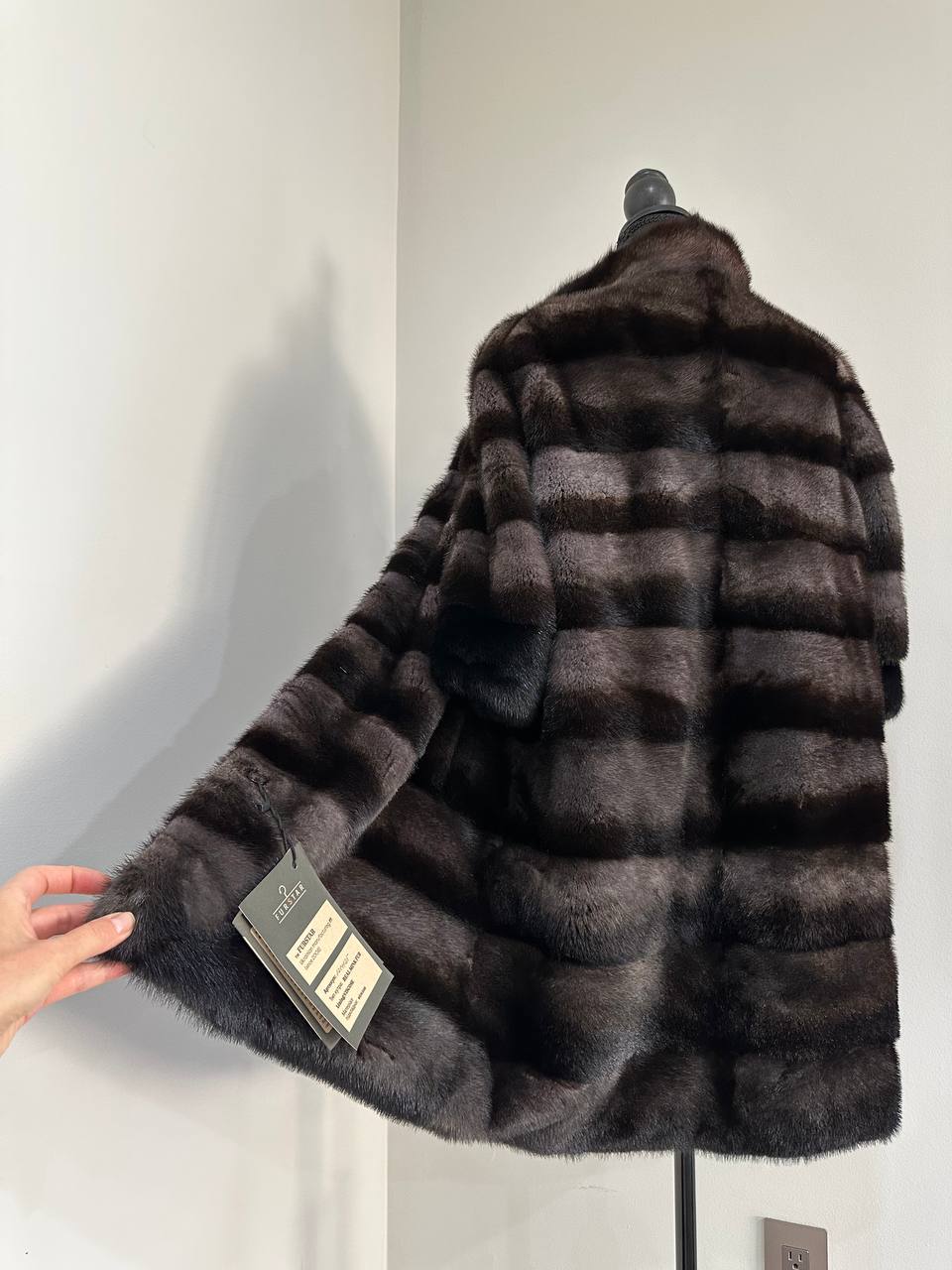 Noir Amethyst Real Genuine Mink Fur Coat with Violet-Black Striped shize L 1201125