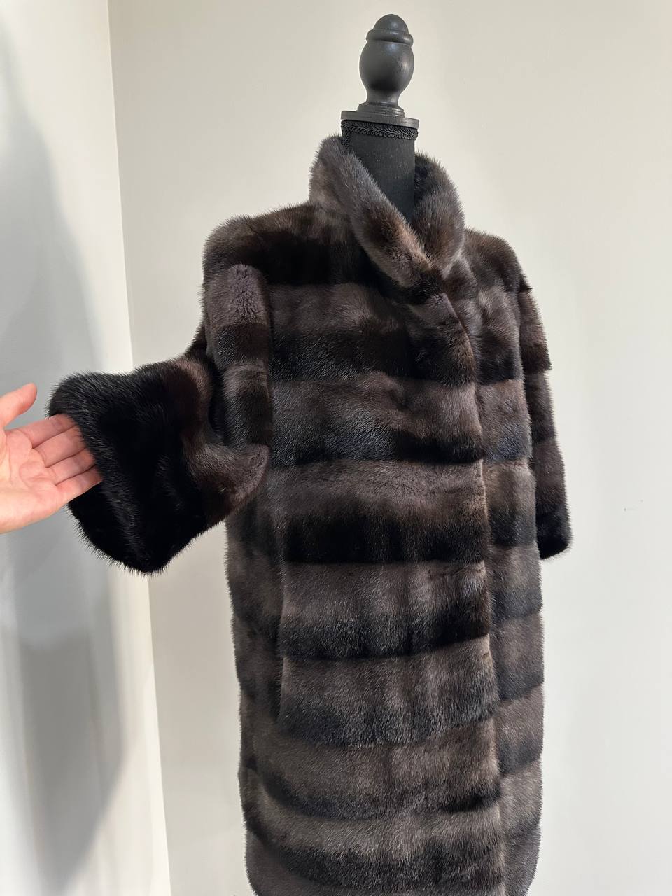 Noir Amethyst Real Genuine Mink Fur Coat with Violet-Black Striped shize L 1201125