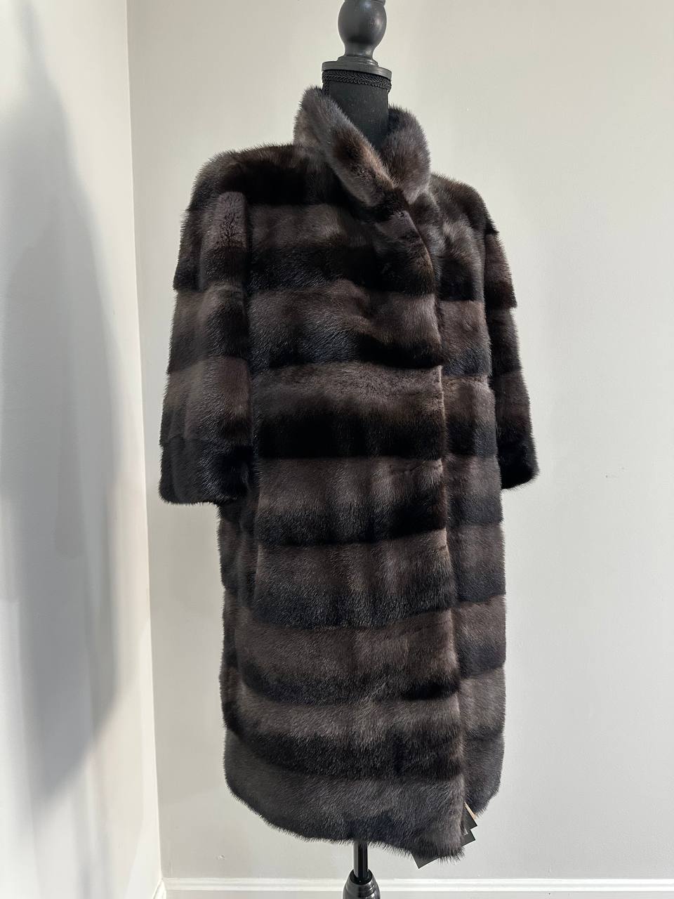 Noir Amethyst Real Genuine Mink Fur Coat with Violet-Black Striped shize L 1201125