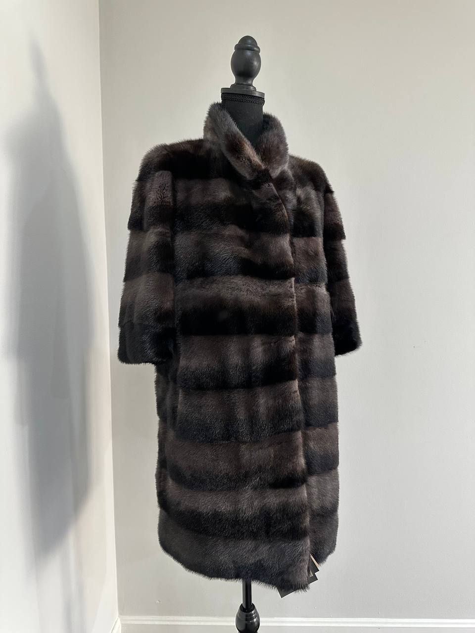 Noir Amethyst Real Genuine Mink Fur Coat with Violet-Black Striped shize L 1201125