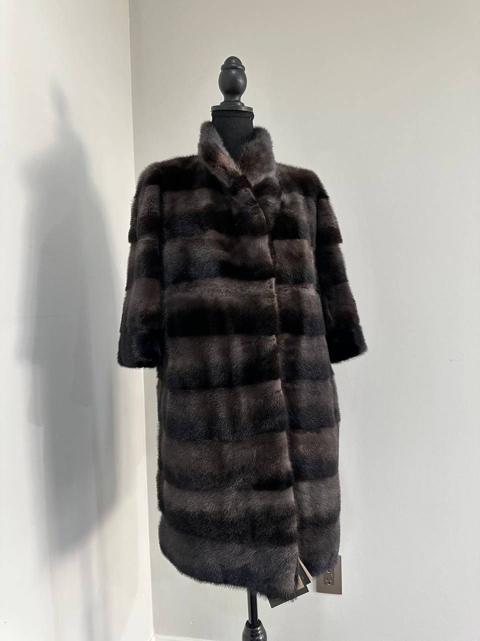 Noir Amethyst Real Genuine Mink Fur Coat with Violet-Black Striped shize L 1201125