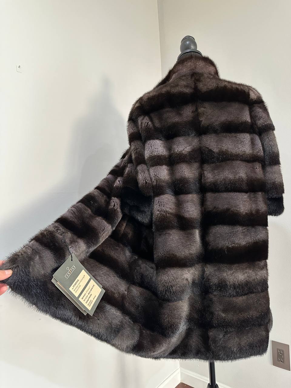 Noir Amethyst Real Genuine Mink Fur Coat with Violet-Black Striped shize L 1201125