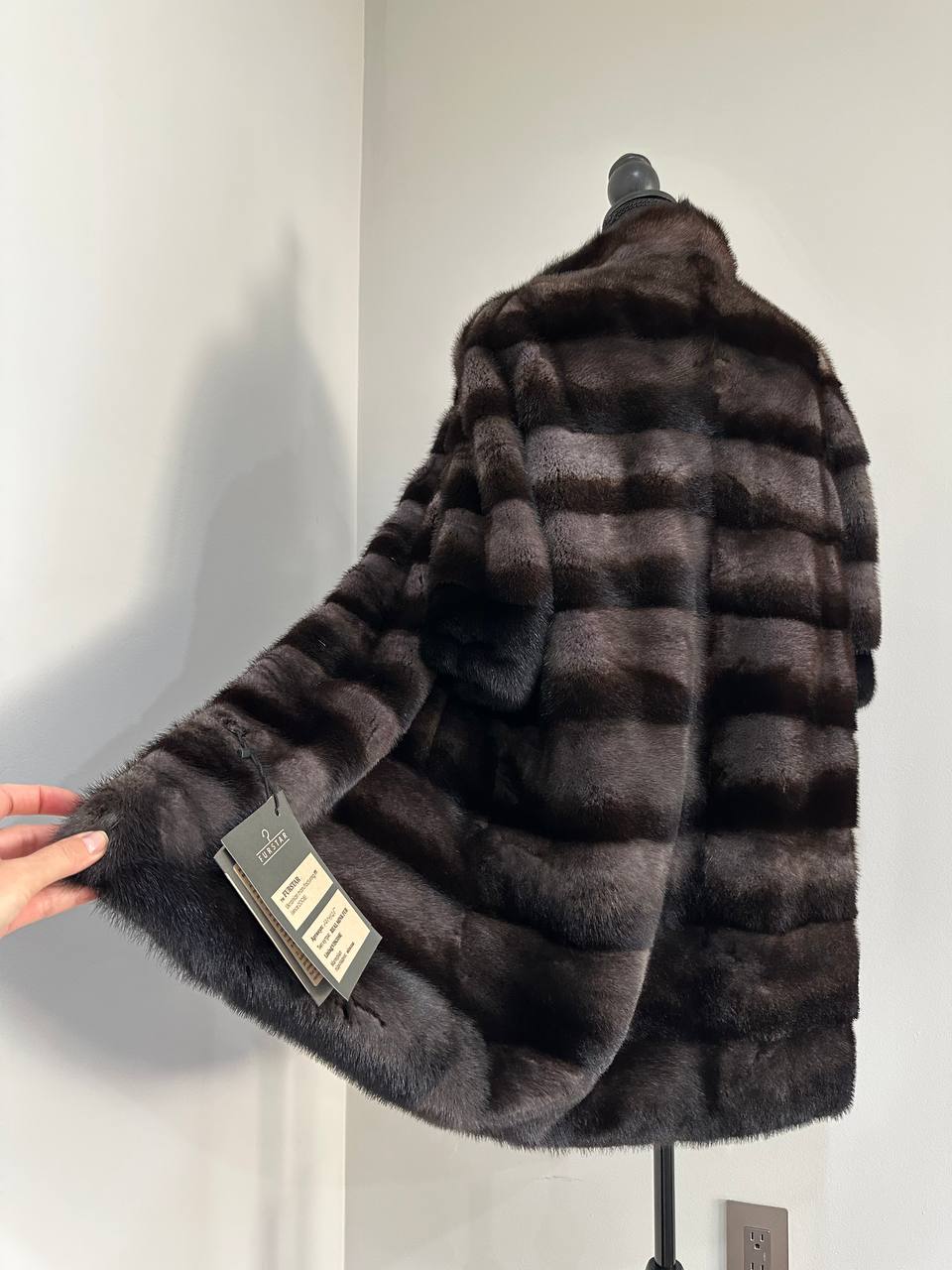Noir Amethyst Real Genuine Mink Fur Coat with Violet-Black Striped shize L 1201125