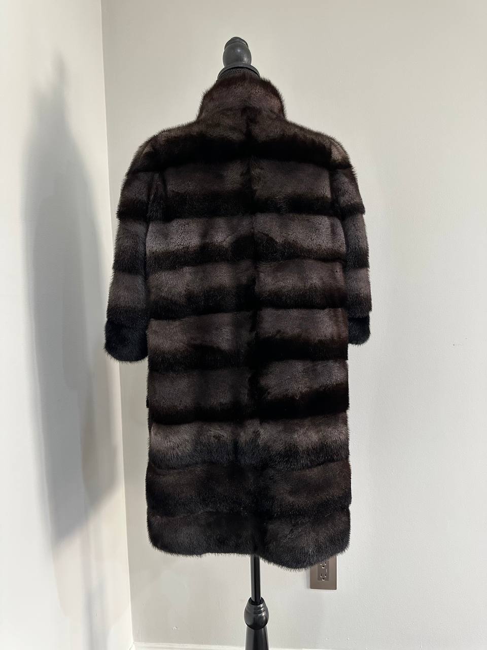 Noir Amethyst Real Genuine Mink Fur Coat with Violet-Black Striped shize L 1201125