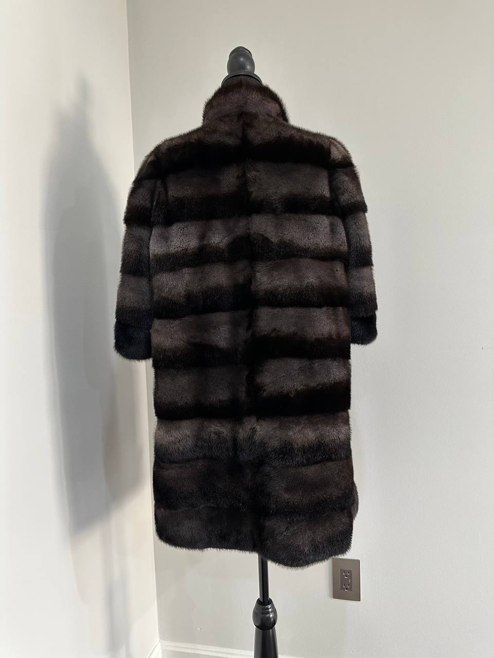 Noir Amethyst Real Genuine Mink Fur Coat with Violet-Black Striped shize L 1201125