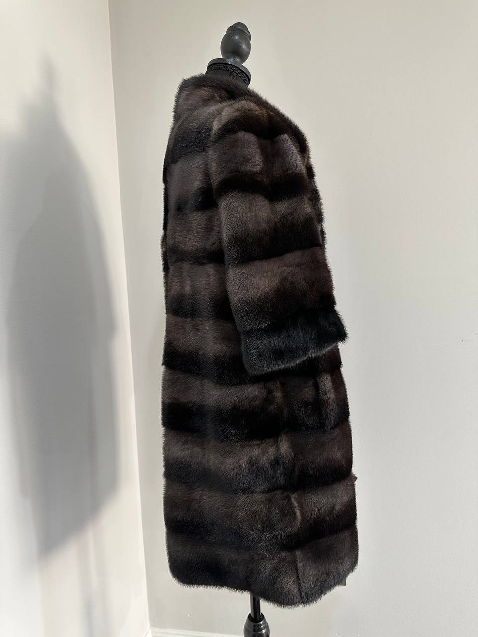 Noir Amethyst Real Genuine Mink Fur Coat with Violet-Black Striped shize L 1201125