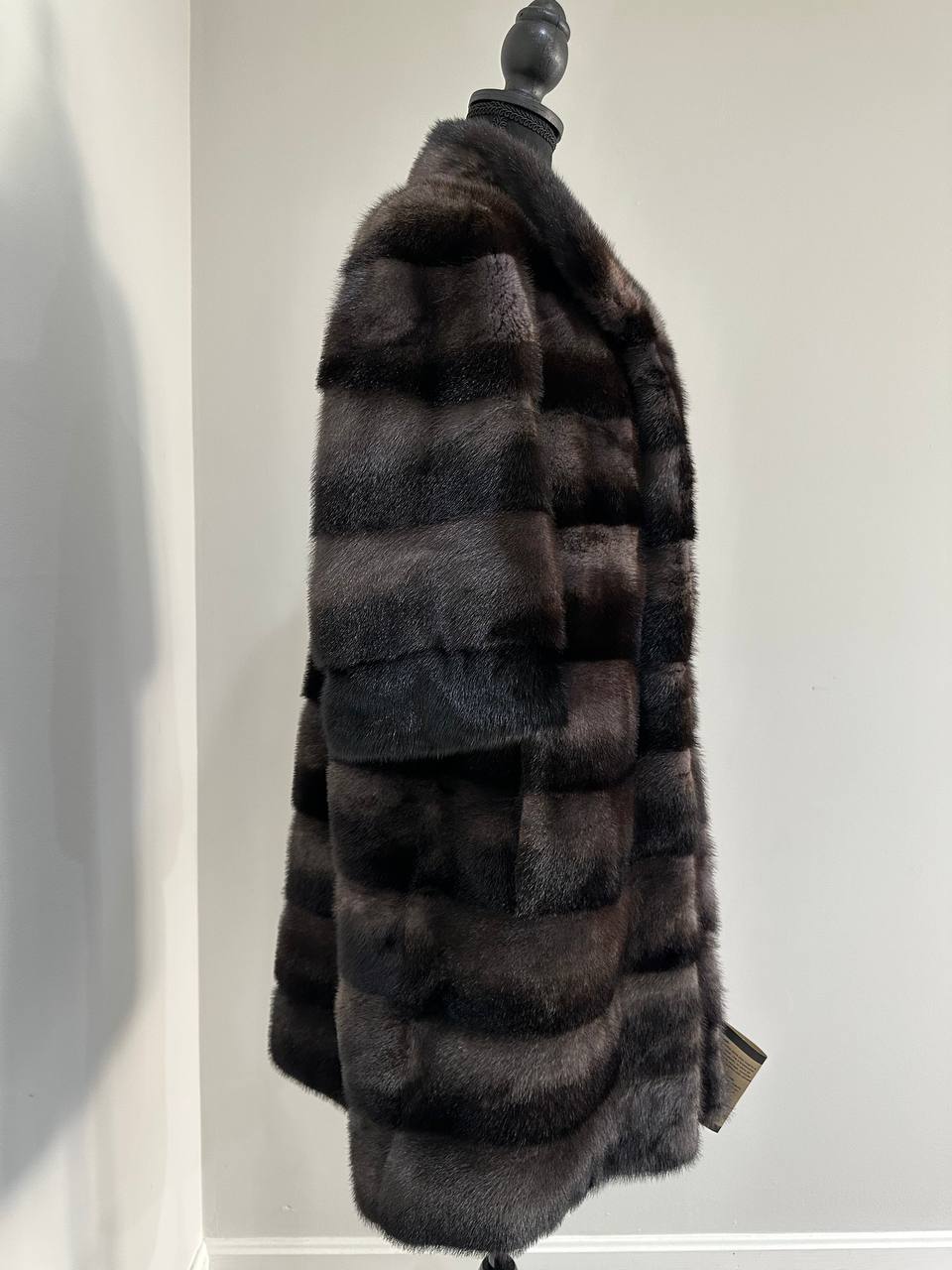Noir Amethyst Real Genuine Mink Fur Coat with Violet-Black Striped shize L 1201125