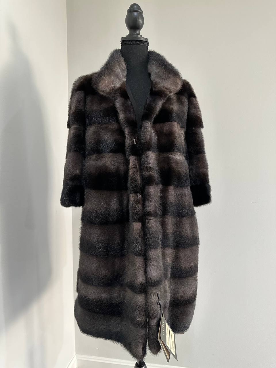 Noir Amethyst Real Genuine Mink Fur Coat with Violet-Black Striped shize L 1201125