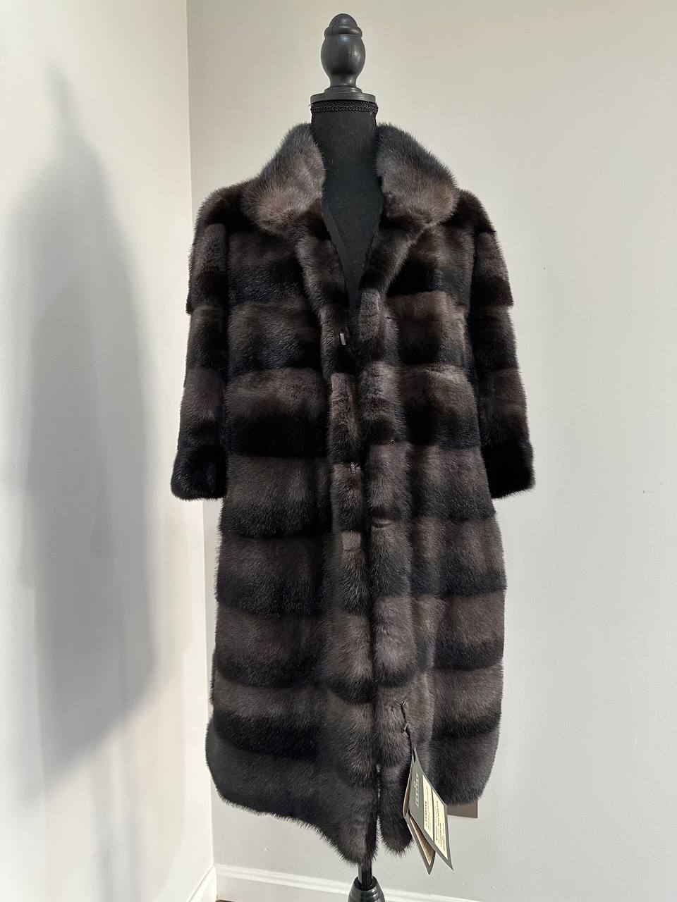 Noir Amethyst Real Genuine Mink Fur Coat with Violet-Black Striped shize L 1201125
