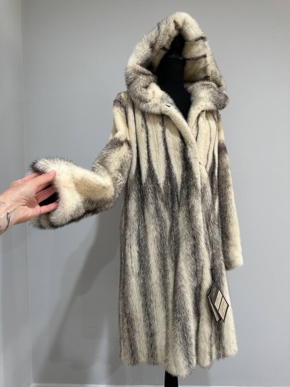 REAL CROSS MINK FUR women coat size L NEW 1201097 GENUINE FURS A STYLE HOODED