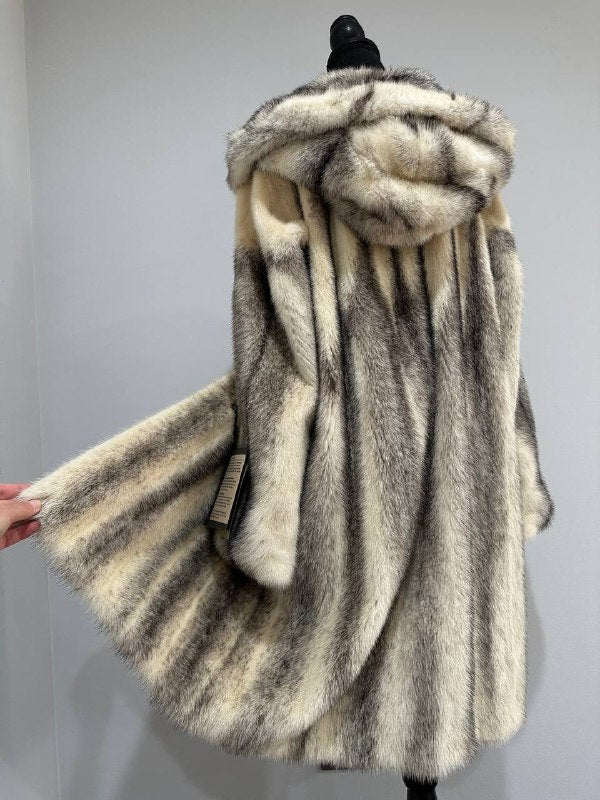 REAL CROSS MINK FUR women coat size L NEW 1201097 GENUINE FURS A STYLE HOODED