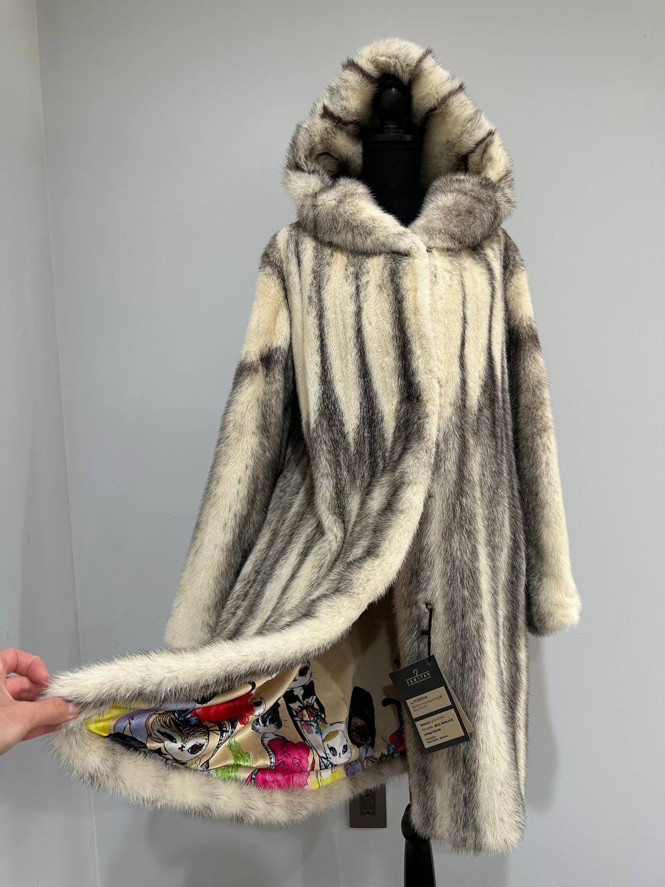 REAL CROSS MINK FUR women coat size L NEW 1201097 GENUINE FURS A STYLE HOODED