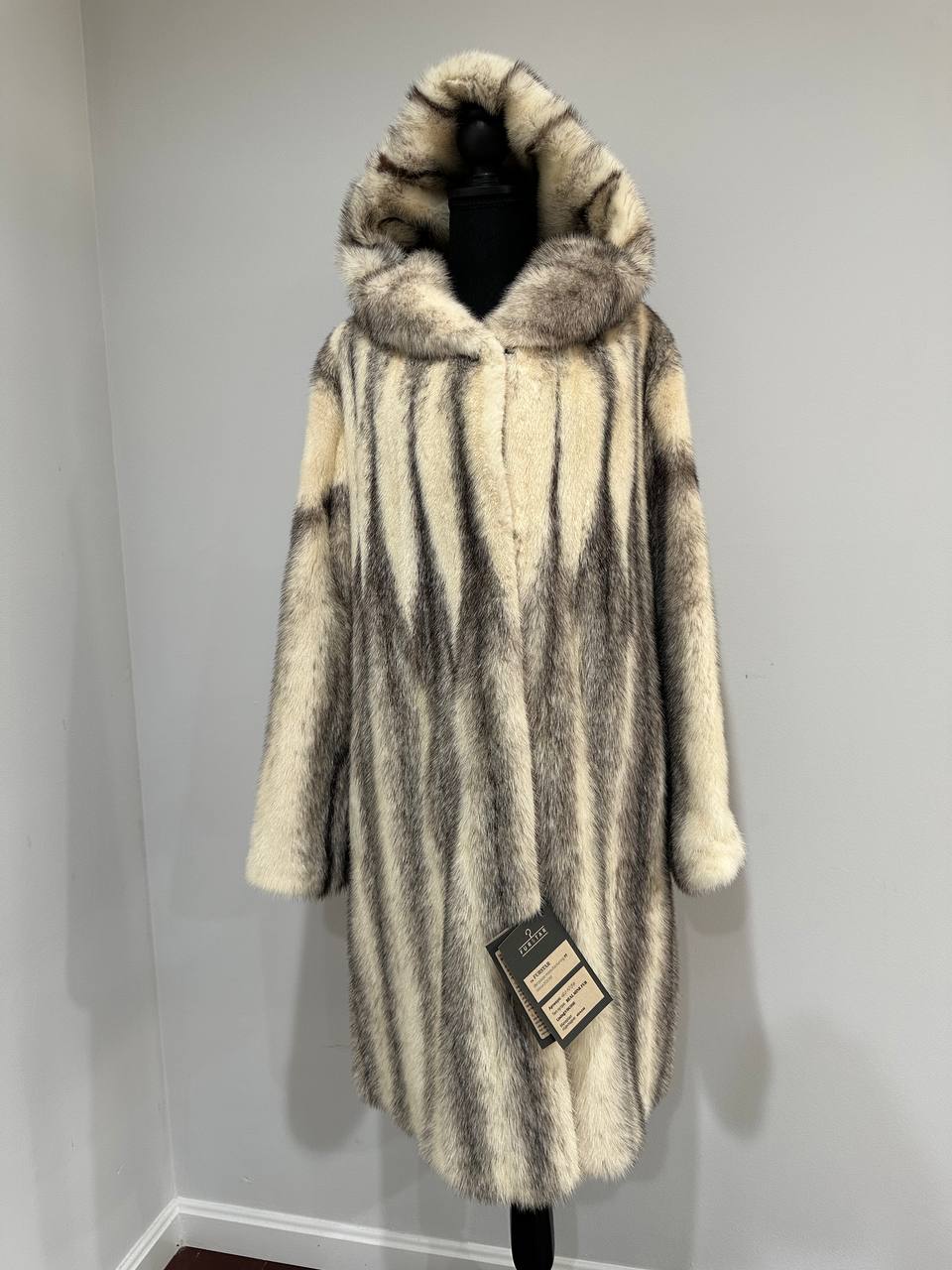REAL CROSS MINK FUR women coat size L NEW 1201097 GENUINE FURS A STYLE HOODED