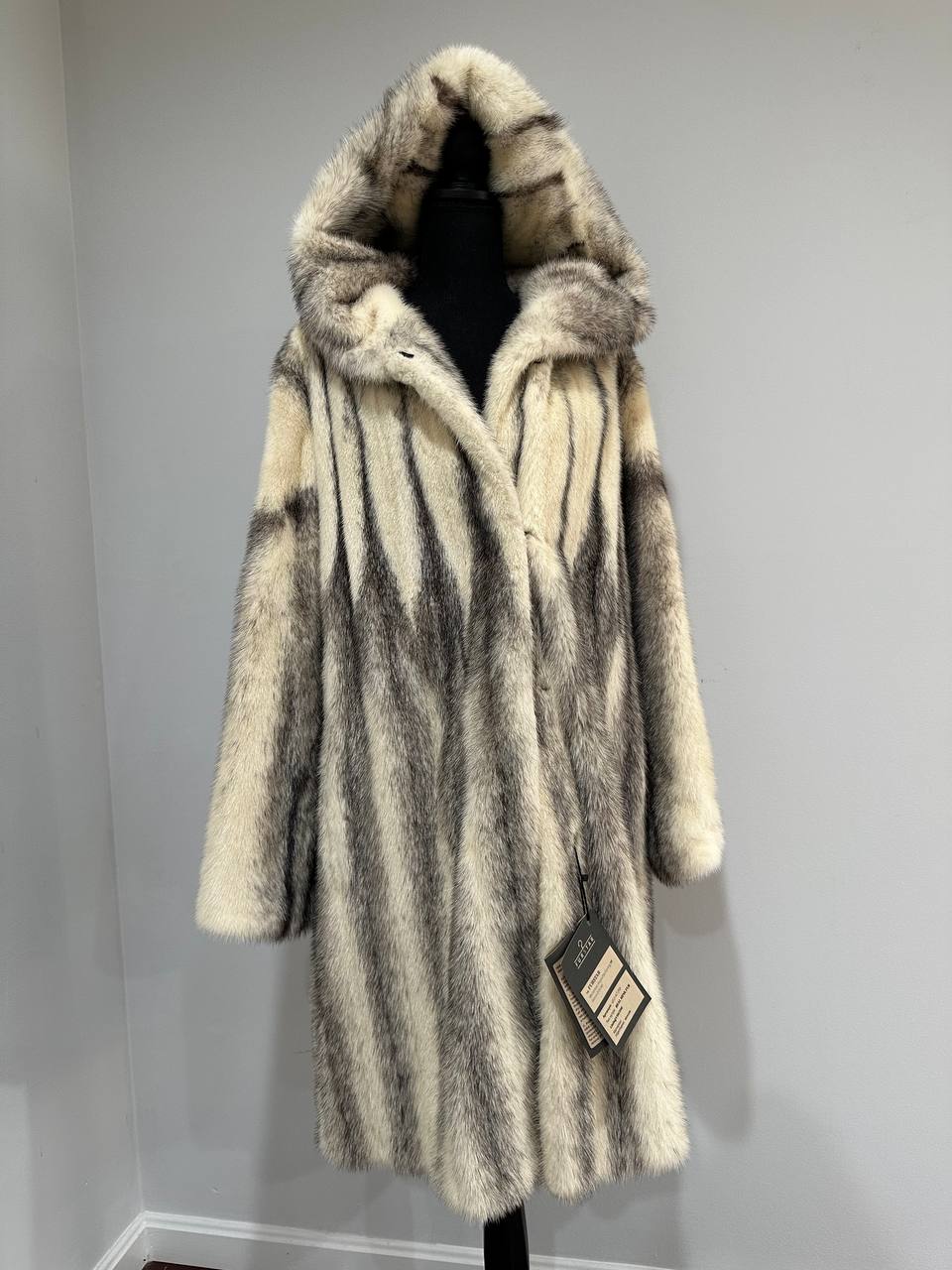 REAL CROSS MINK FUR women coat size L NEW 1201097 GENUINE FURS A STYLE HOODED