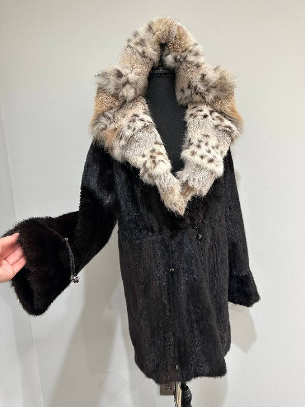 NEW Natural Real Dark Brown Black Mink M size Coat Natural Lynx Hooded 1201140