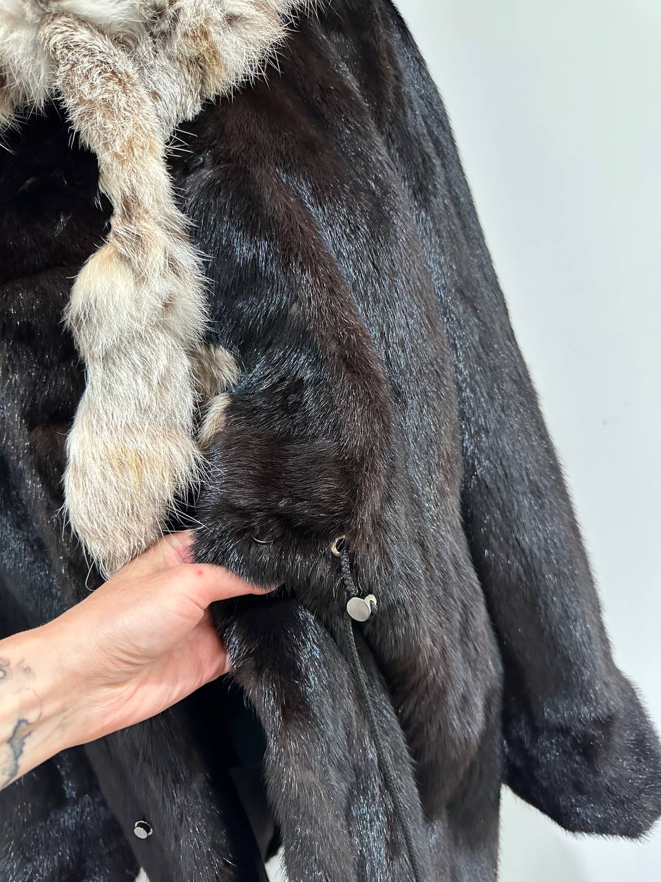 NEW Natural Real Dark Brown Black Mink M size Coat Natural Lynx Hooded 1201140