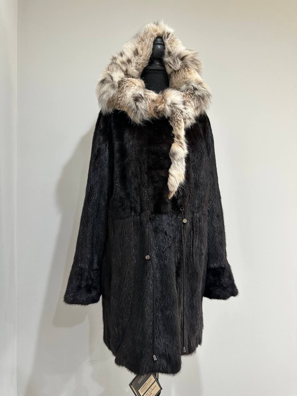 NEW Natural Real Dark Brown Black Mink M size Coat Natural Lynx Hooded 1201140