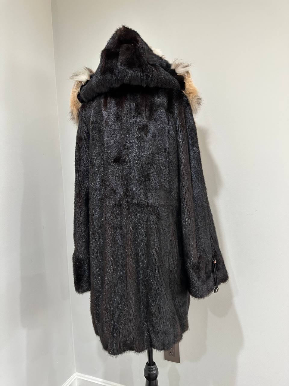 NEW Natural Real Dark Brown Black Mink M size Coat Natural Lynx Hooded 1201140