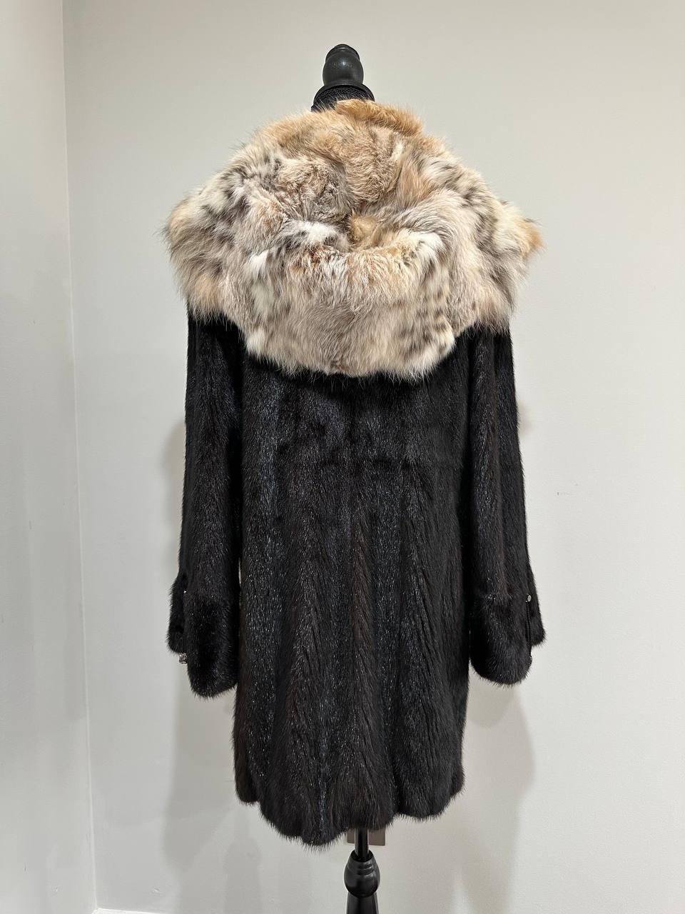 NEW Natural Real Dark Brown Black Mink M size Coat Natural Lynx Hooded 1201140