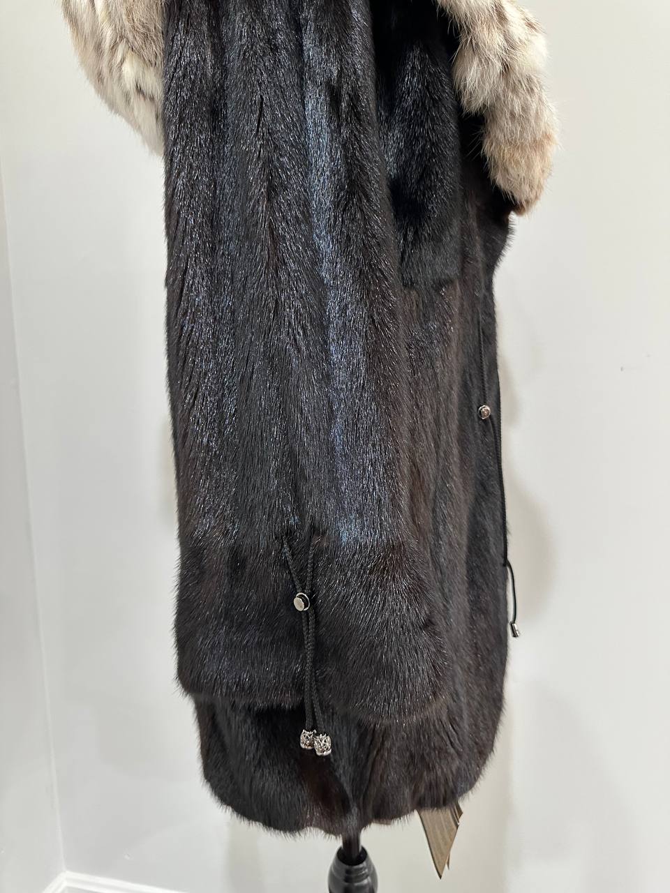 NEW Natural Real Dark Brown Black Mink M size Coat Natural Lynx Hooded 1201140