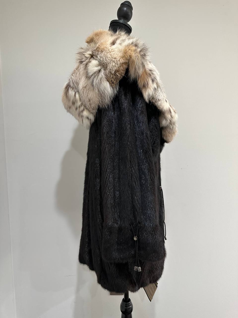 NEW Natural Real Dark Brown Black Mink M size Coat Natural Lynx Hooded 1201140