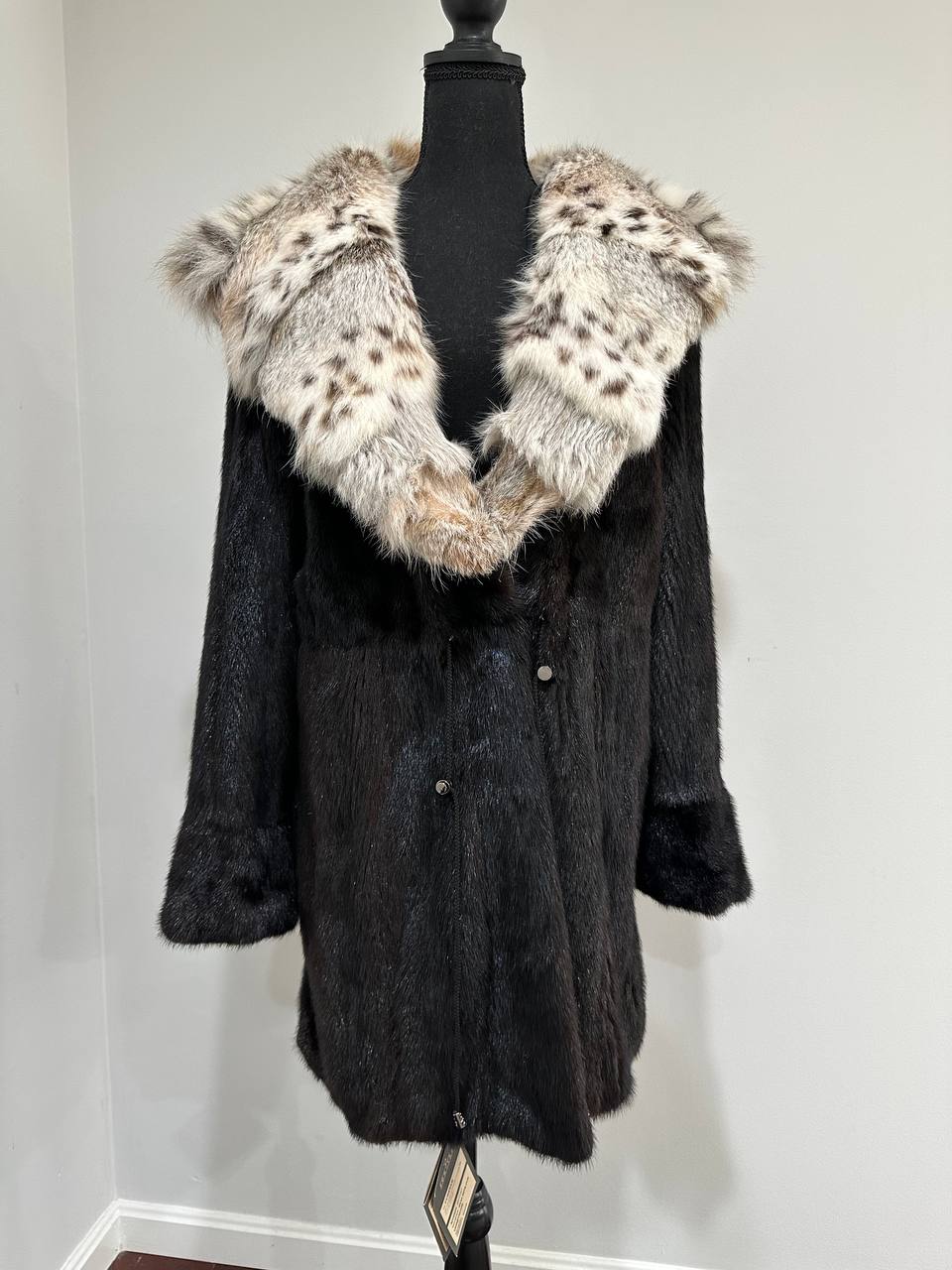 NEW Natural Real Dark Brown Black Mink M size Coat Natural Lynx Hooded 1201140