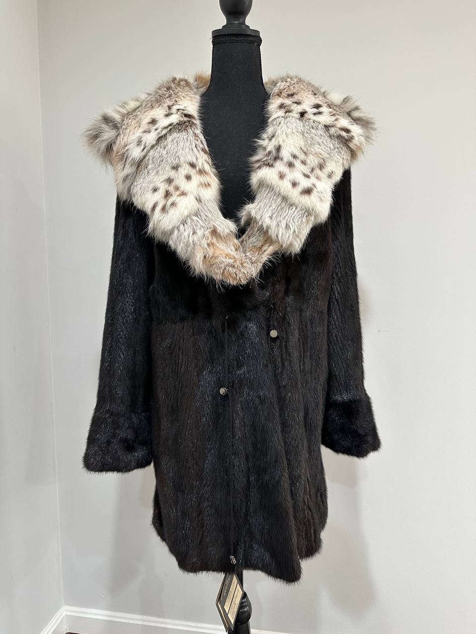 NEW Natural Real Dark Brown Black Mink M size Coat Natural Lynx Hooded 1201140
