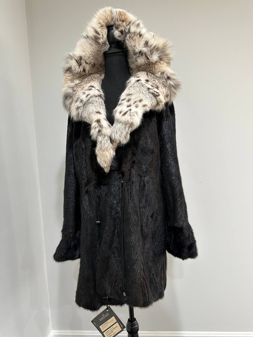 NEW Natural Real Dark Brown Black Mink M size Coat Natural Lynx Hooded 1201140